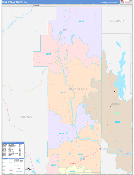 Pend Oreille County, WA Wall Map Color Cast Style
